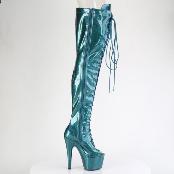 Glitter Platform Heel Lace Up Thigh High Boots - Picture 2 of 5